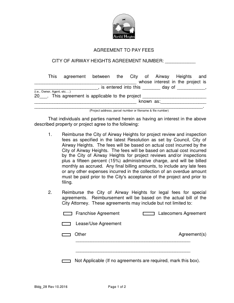 First page of the Agreement to Pay Fees