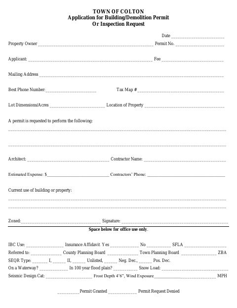 First page of the Building/Demolition Permit Application or Inspection Request