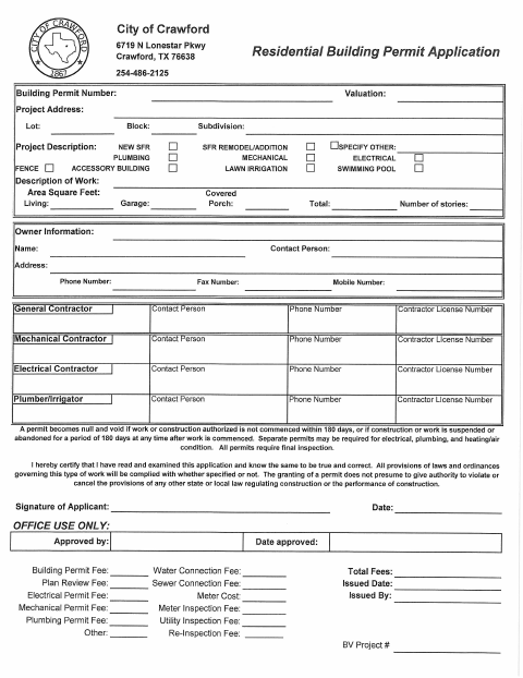 First page of the Residential Building Permit Application