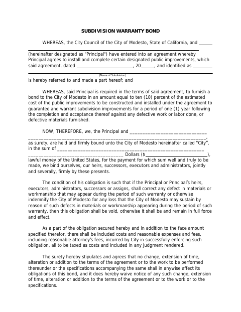 First page of the Subdivision Warranty Bond