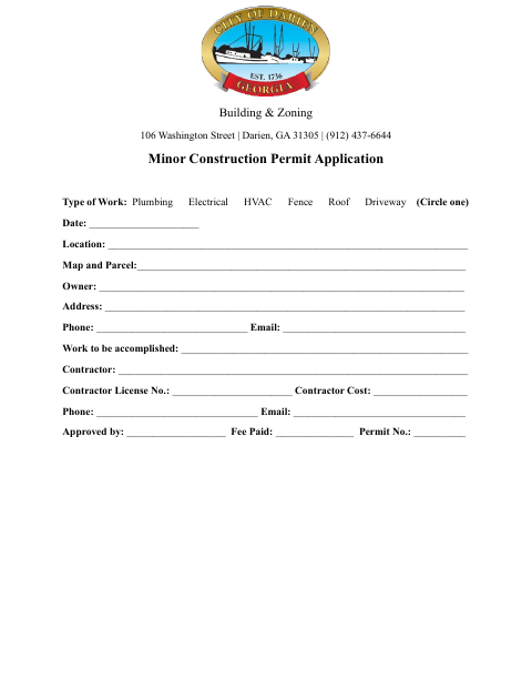First page of the Minor Construction Permit Application