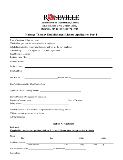 First page of the Massage Therapy Establishment License Application