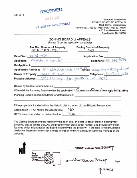 First page of the Zoning Board of Appeals Application
