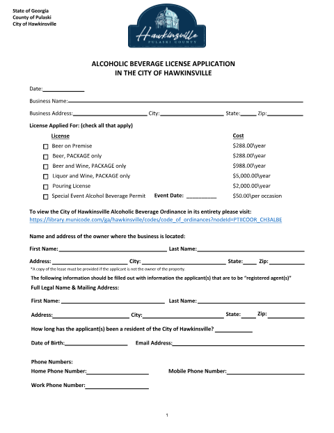 First page of the Alcoholic Beverage License Application