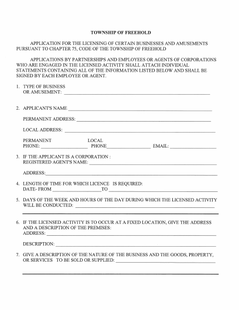 First page of the Certain Businesses and Amusements License Application