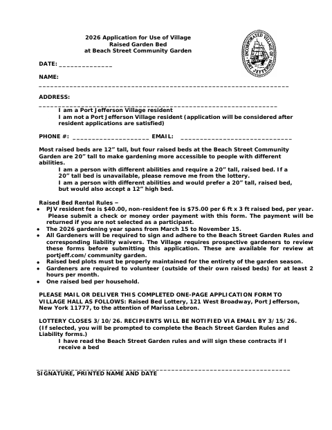 First page of the Application for Use of Village Raised Garden Bed at Beach Street Community Garden