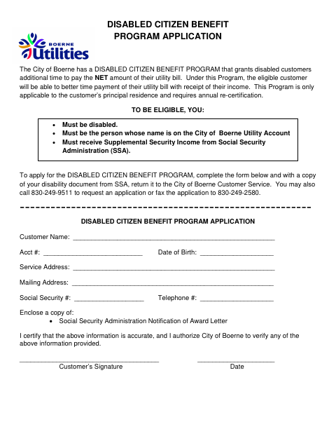 First page of the Disabled Citizen Benefit Program Application