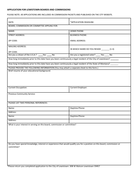 First page of the Application for Lewistown Boards and Commissions