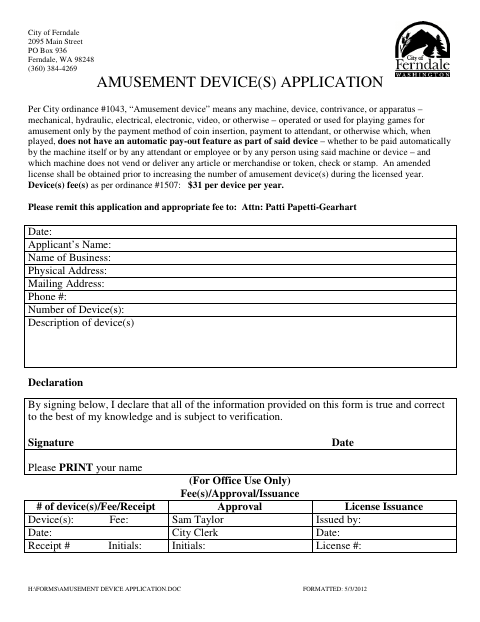 First page of the Amusement Device(s) Application