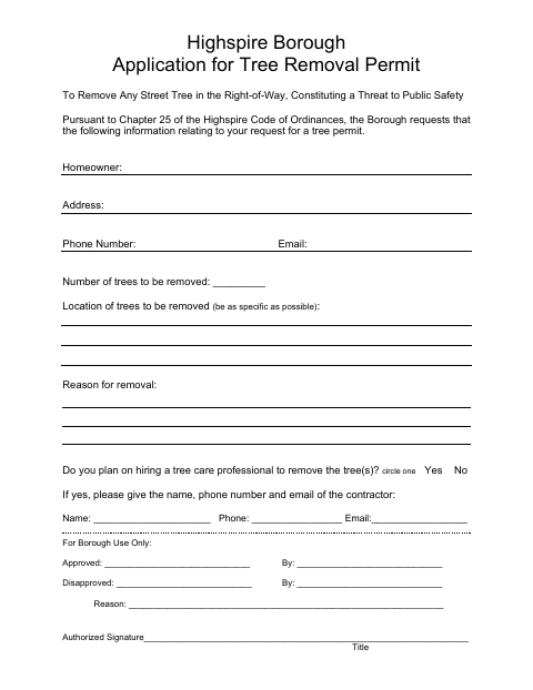 First page of the Tree Removal Permit Application