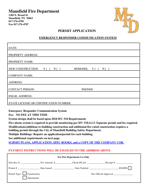 First page of the Emergency Responder Communication System Permit Application