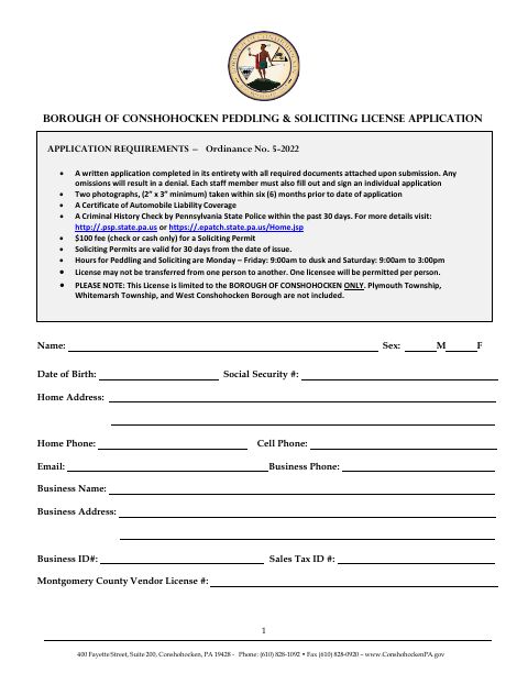 First page of the Peddling & Soliciting License Application
