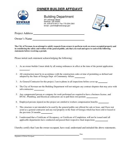 First page of the Owner Builder Affidavit