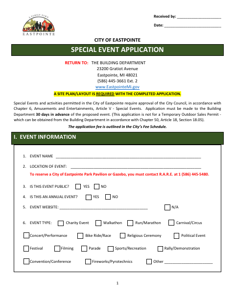 First page of the Special Event Permit Application
