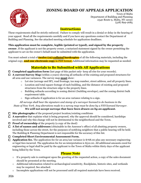 First page of the Zoning Board of Appeals Application