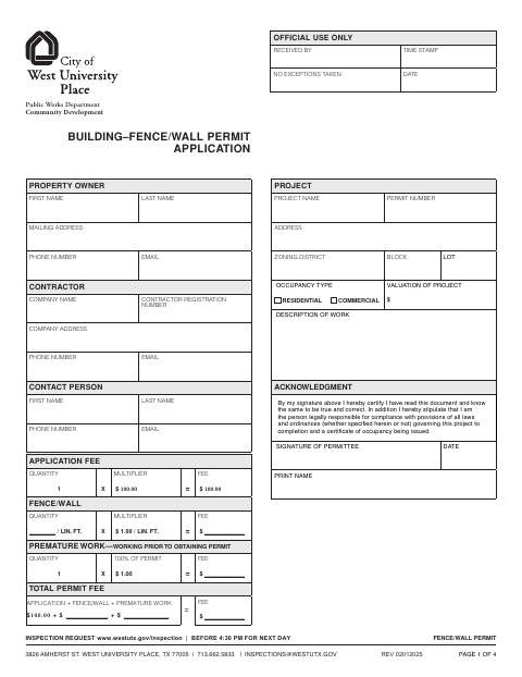 First page of the Building–Fence/Wall Permit Application