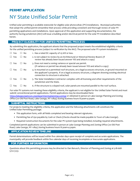 First page of the NY State Unified Solar Permit