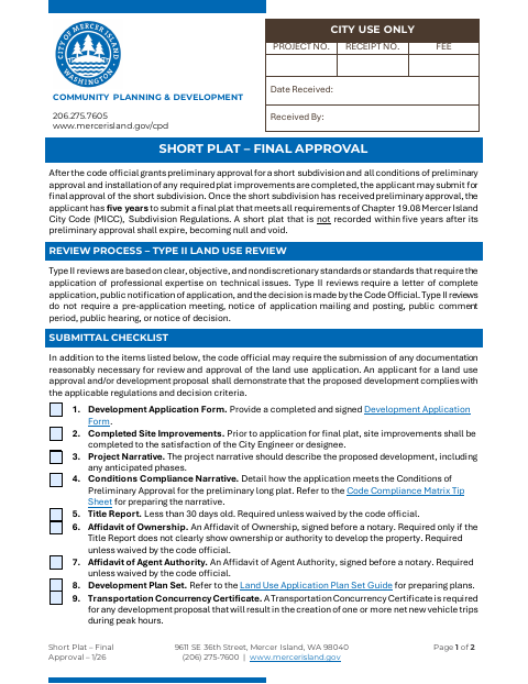 First page of the Short Plat – Final Approval
