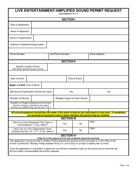 First page of the Live Entertainment/Amplified Sound Permit Request