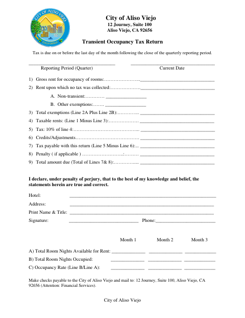 First page of the Transient Occupancy Tax Return