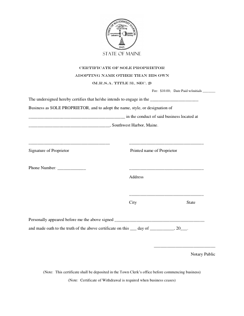 First page of the Certificate of Sole Proprietor