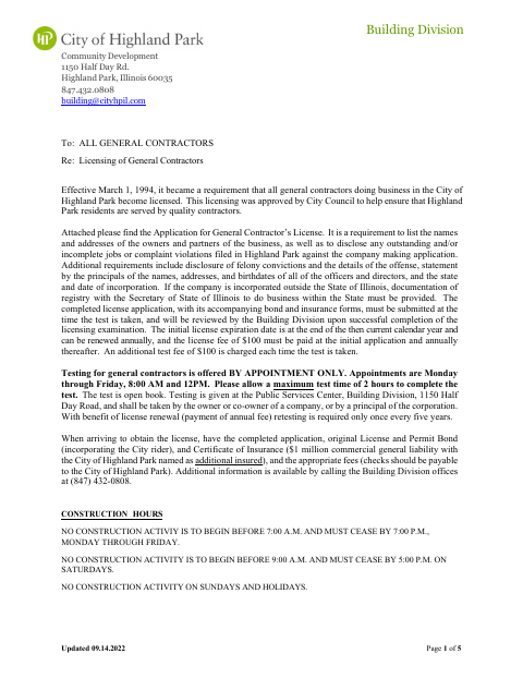 First page of the General Contractor License Application
