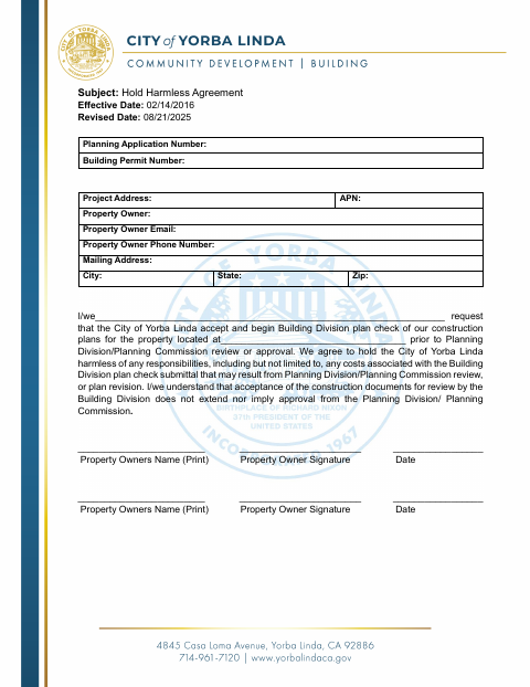 First page of the Hold Harmless Agreement