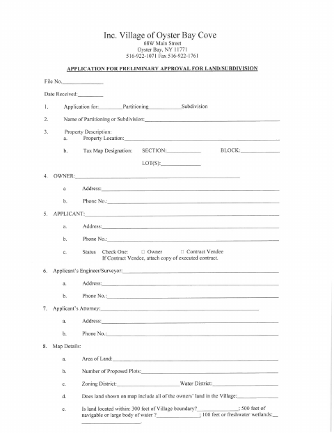 First page of the Application for Preliminary Approval for Land Subdivision