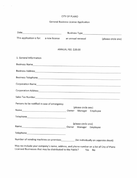 First page of the General Business License Application