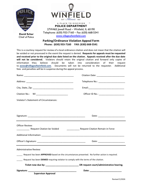 First page of the Parking/Ordinance Violation Appeal Form