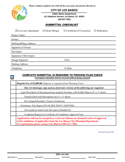 First page of the Lot Line Adjustment, Parcel Merger & Certificate of Correction Submittal Package