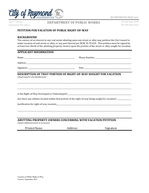 First page of the Petition for Vacation of Public Right-of-Way