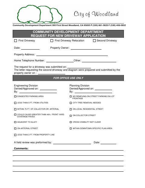 First page of the Request for New Driveway Application