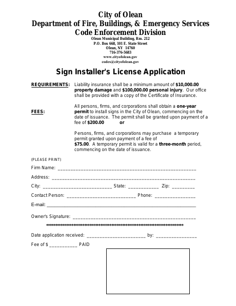 First page of the Sign Installer's License Application
