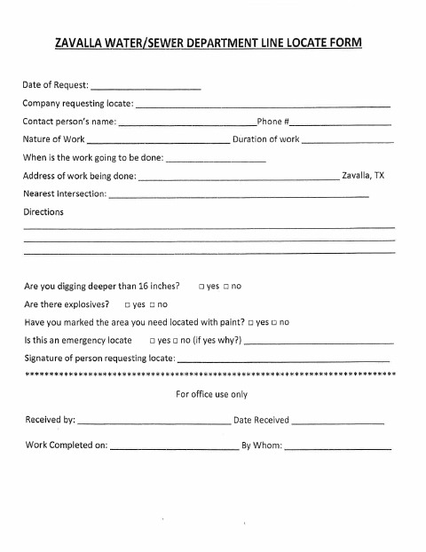 First page of the Water/Sewer Line Locate Form