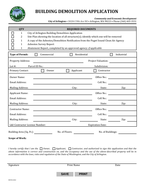 First page of the Building Demolition Application