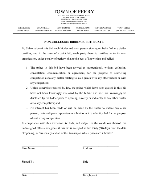 First page of the Non-Collusion Bidding Certificate