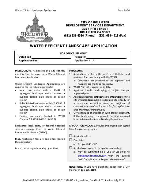 First page of the Water Efficient Landscape Application