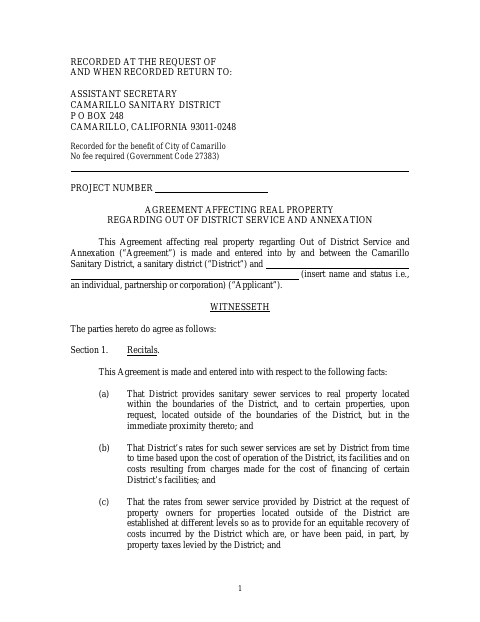 First page of the Agreement Affecting Real Property Regarding Out-of-District Service and Annexation