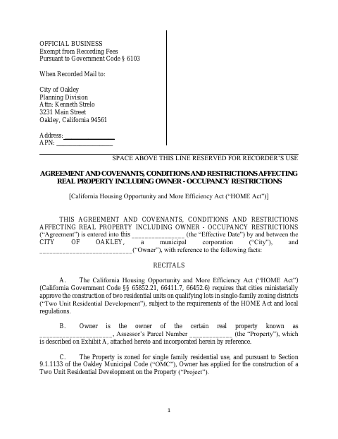 First page of the Agreement and Covenants Affecting Real Property Including Owner-Occupancy Restrictions