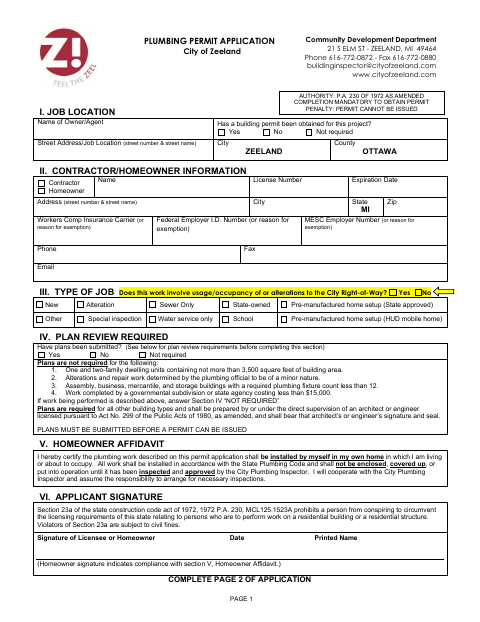 First page of the Plumbing Permit Application