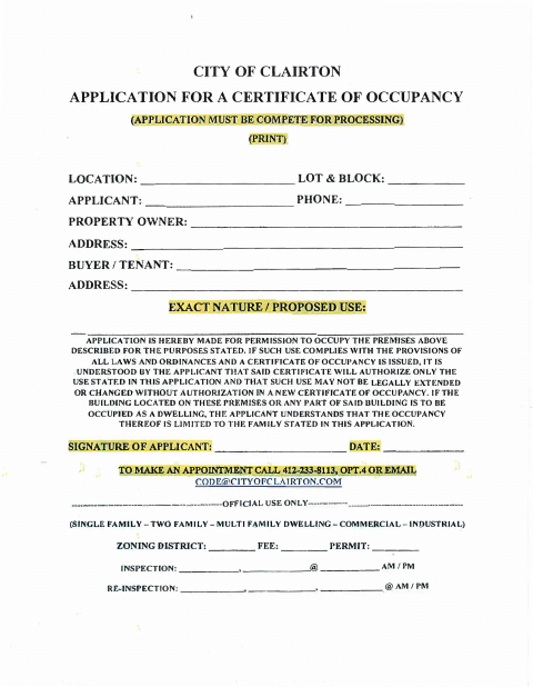 First page of the Application for a Certificate of Occupancy