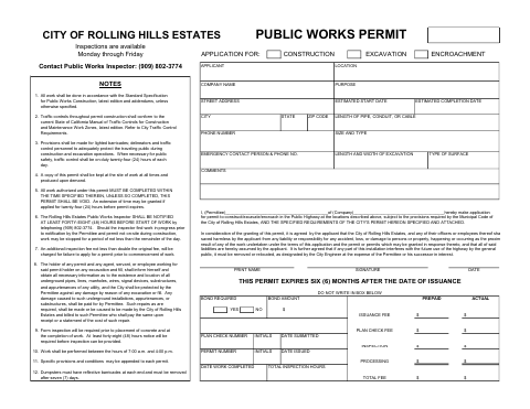 First page of the Public Works Permit Application