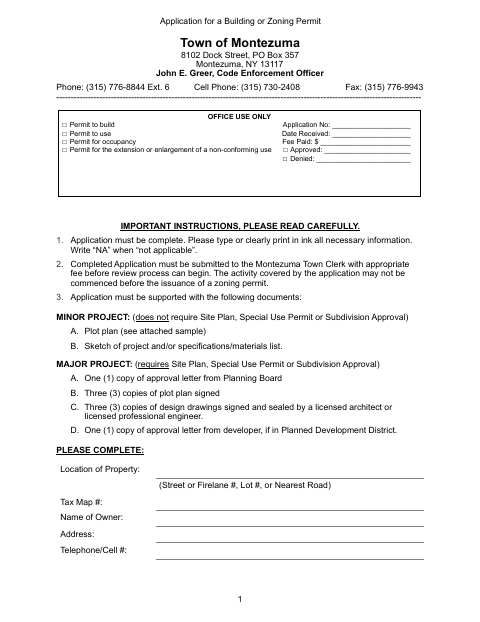 First page of the Application for a Building or Zoning Permit