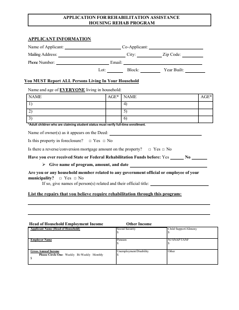 First page of the Application for Rehabilitation Assistance Housing Rehab Program