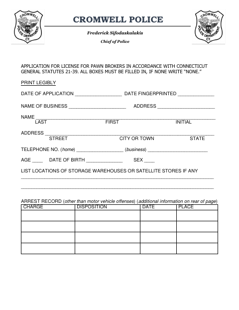 First page of the Pawn Broker License Application