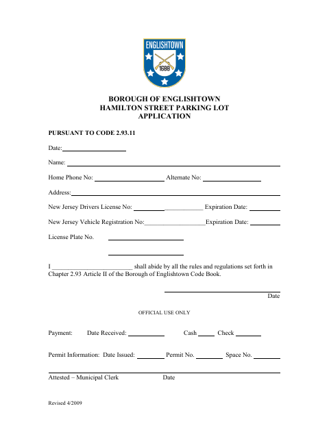 First page of the Hamilton Street Parking Lot Application