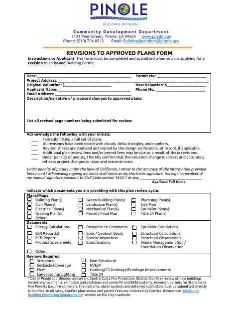First page of the Revisions to Approved Plans Form