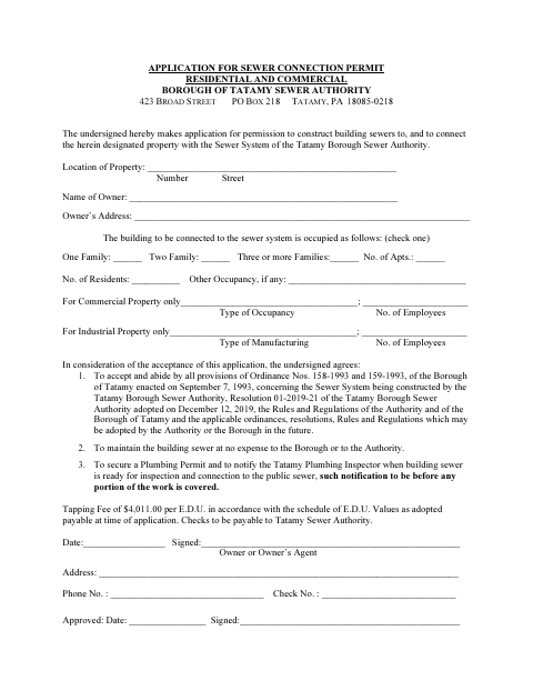 First page of the Application for Sewer Connection Permit