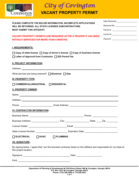 First page of the Vacant Property Permit
